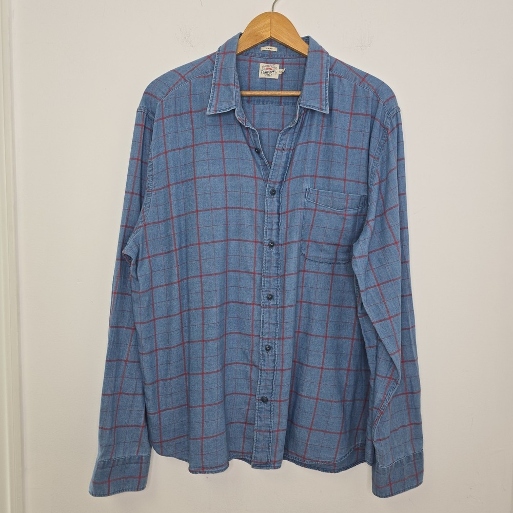 Faherty Shirt Mens 2XL Blue Plaid Windowpane Ventura Lightweight Flannel Preppy